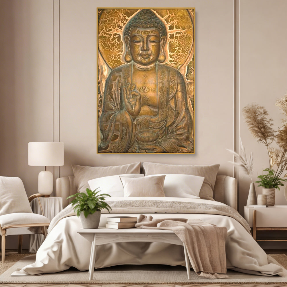 Tablou Canvas Premium LuxCanva® I104, Aur si Intelepciune, Buddha, Aur, Zen, Meditatie, Pace, Liniste, Echilibru, Energie, Spiritualitate, Lotus, Living, Dormitor