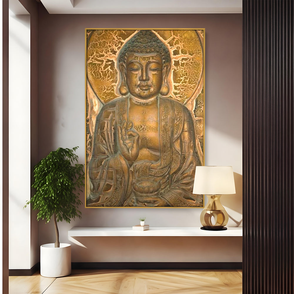 Tablou Canvas Premium LuxCanva® I104, Aur si Intelepciune, Buddha, Aur, Zen, Meditatie, Pace, Liniste, Echilibru, Energie, Spiritualitate, Lotus, Living, Dormitor