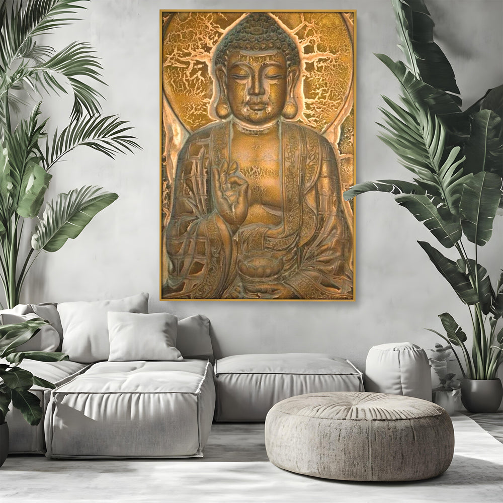Tablou Canvas Premium LuxCanva® I104, Aur si Intelepciune, Buddha, Aur, Zen, Meditatie, Pace, Liniste, Echilibru, Energie, Spiritualitate, Lotus, Living, Dormitor
