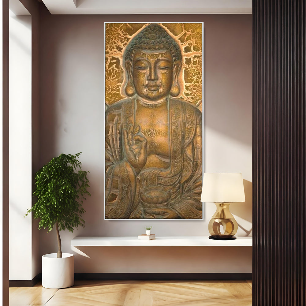 Tablou Canvas Premium LuxCanva® I104, Aur si Intelepciune, Buddha, Aur, Zen, Meditatie, Pace, Liniste, Echilibru, Energie, Spiritualitate, Lotus, Living, Dormitor