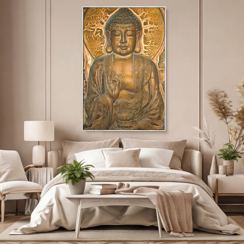 Tablou Canvas Premium LuxCanva® I104, Aur si Intelepciune, Buddha, Aur, Zen, Meditatie, Pace, Liniste, Echilibru, Energie, Spiritualitate, Lotus, Living, Dormitor