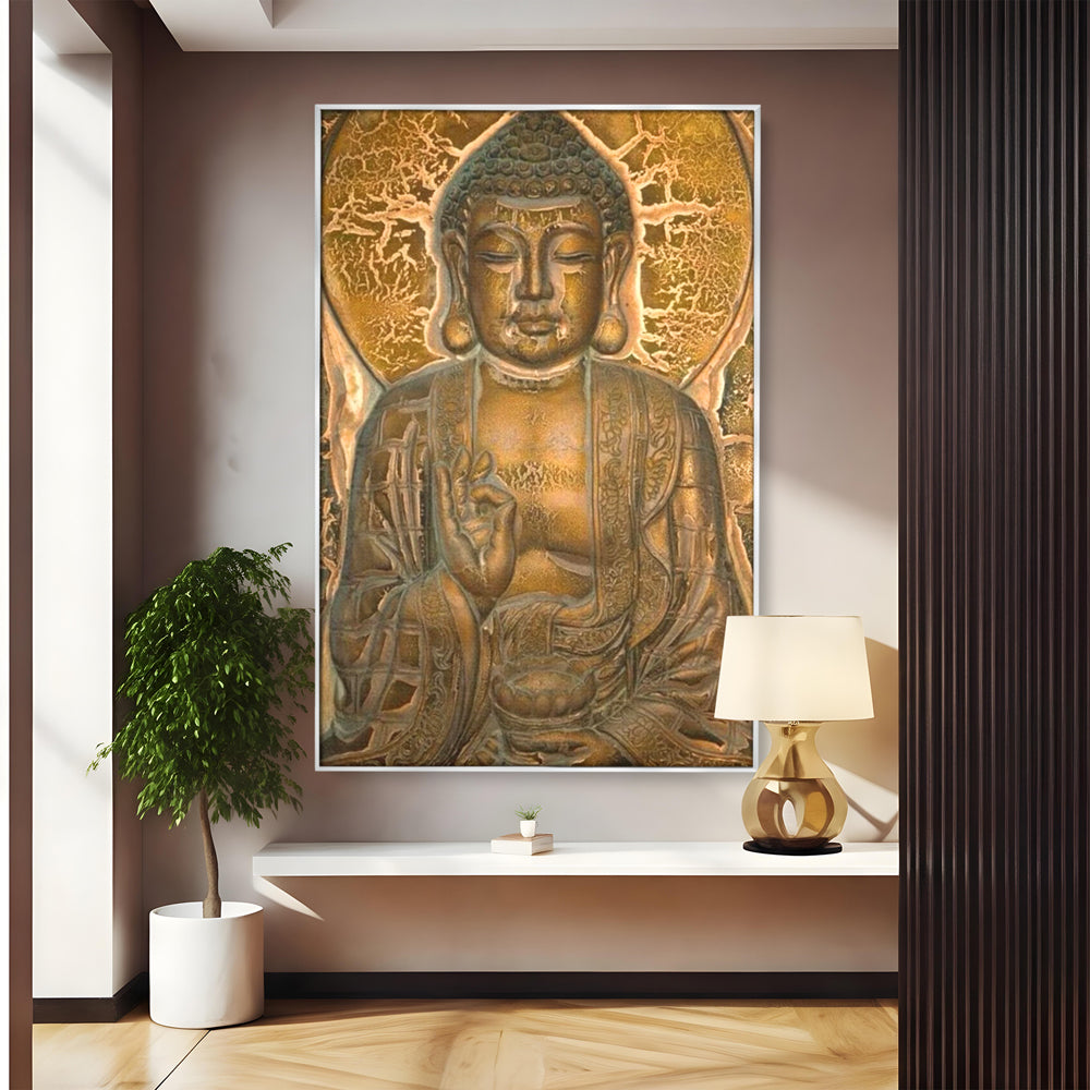 Tablou Canvas Premium LuxCanva® I104, Aur si Intelepciune, Buddha, Aur, Zen, Meditatie, Pace, Liniste, Echilibru, Energie, Spiritualitate, Lotus, Living, Dormitor