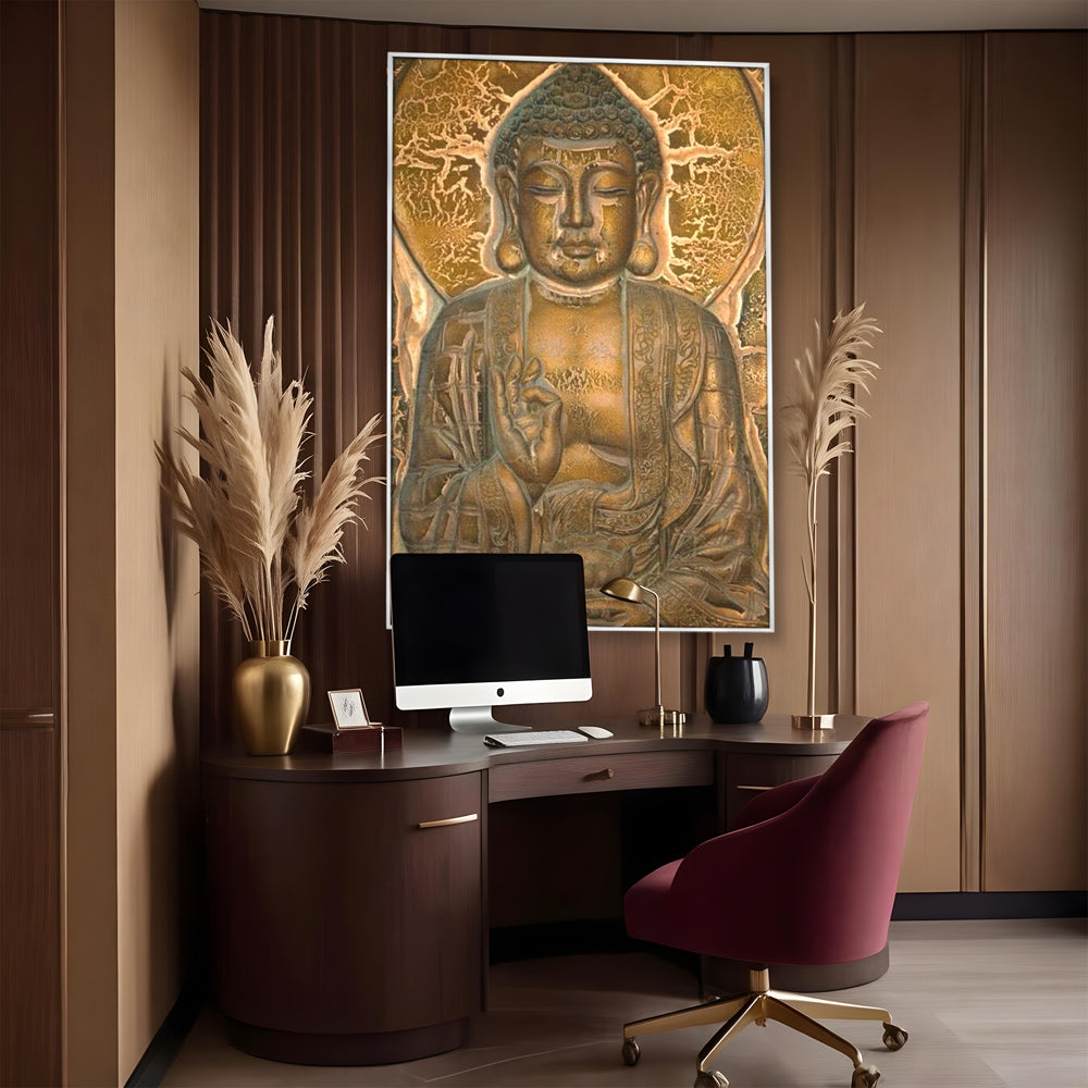 Tablou Canvas Premium LuxCanva® I104, Aur si Intelepciune, Buddha, Aur, Zen, Meditatie, Pace, Liniste, Echilibru, Energie, Spiritualitate, Lotus, Living, Dormitor