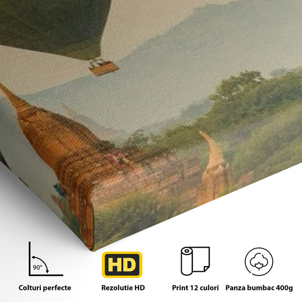 Tablou Canvas Premium LuxCanva® I105, Povestea Templelor, Balon, Templu, Calatorie, Natura, Bagan, Aventura, Zen, Magie, Myanmar, Istorie, Living, Dormitor