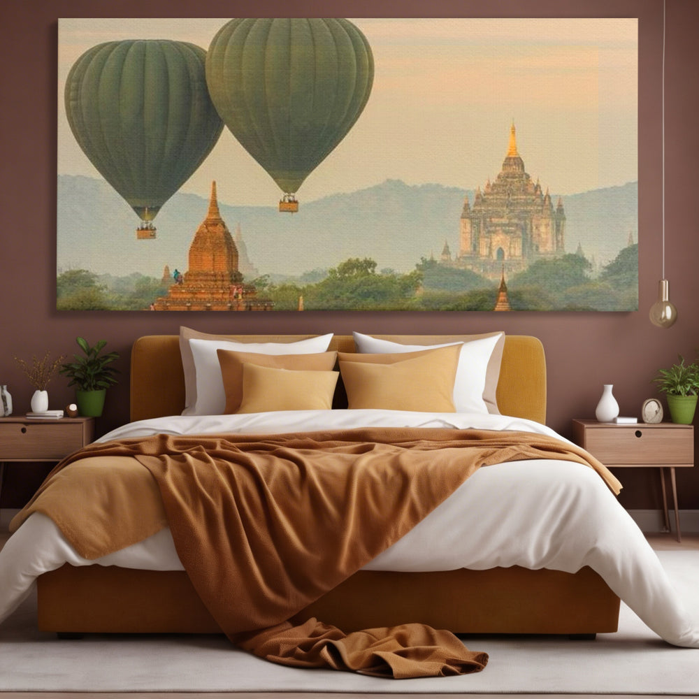 Tablou Canvas Premium LuxCanva® I105, Povestea Templelor, Balon, Templu, Calatorie, Natura, Bagan, Aventura, Zen, Magie, Myanmar, Istorie, Living, Dormitor