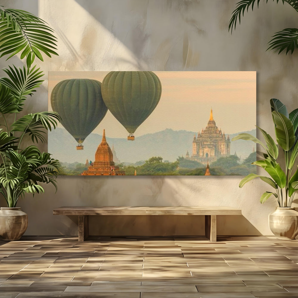 Tablou Canvas Premium LuxCanva® I105, Povestea Templelor, Balon, Templu, Calatorie, Natura, Bagan, Aventura, Zen, Magie, Myanmar, Istorie, Living, Dormitor