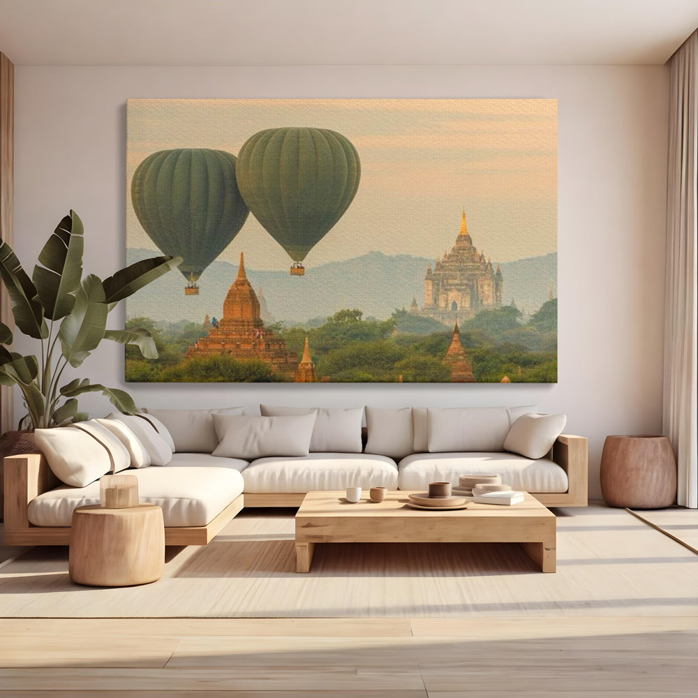 Tablou Canvas Premium LuxCanva® I105, Povestea Templelor, Balon, Templu, Calatorie, Natura, Bagan, Aventura, Zen, Magie, Myanmar, Istorie, Living, Dormitor