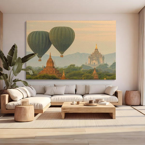 Tablou Canvas Premium LuxCanva® I105, Povestea Templelor, Balon, Templu, Calatorie, Natura, Bagan, Aventura, Zen, Magie, Myanmar, Istorie, Living, Dormitor
