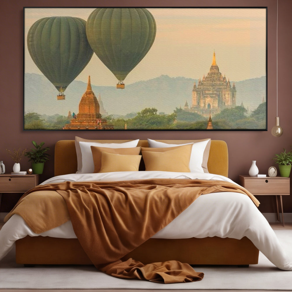 Tablou Canvas Premium LuxCanva® I105, Povestea Templelor, Balon, Templu, Calatorie, Natura, Bagan, Aventura, Zen, Magie, Myanmar, Istorie, Living, Dormitor