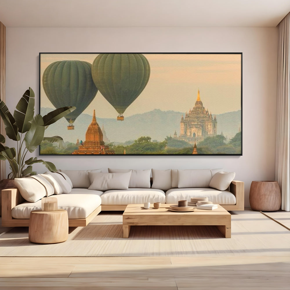 Tablou Canvas Premium LuxCanva® I105, Povestea Templelor, Balon, Templu, Calatorie, Natura, Bagan, Aventura, Zen, Magie, Myanmar, Istorie, Living, Dormitor
