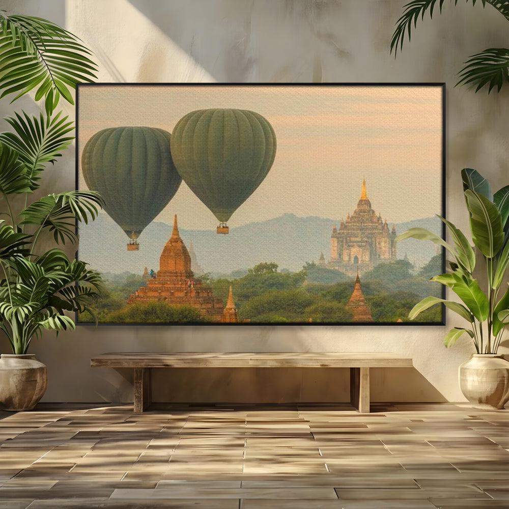 Tablou Canvas Premium LuxCanva® I105, Povestea Templelor, Balon, Templu, Calatorie, Natura, Bagan, Aventura, Zen, Magie, Myanmar, Istorie, Living, Dormitor
