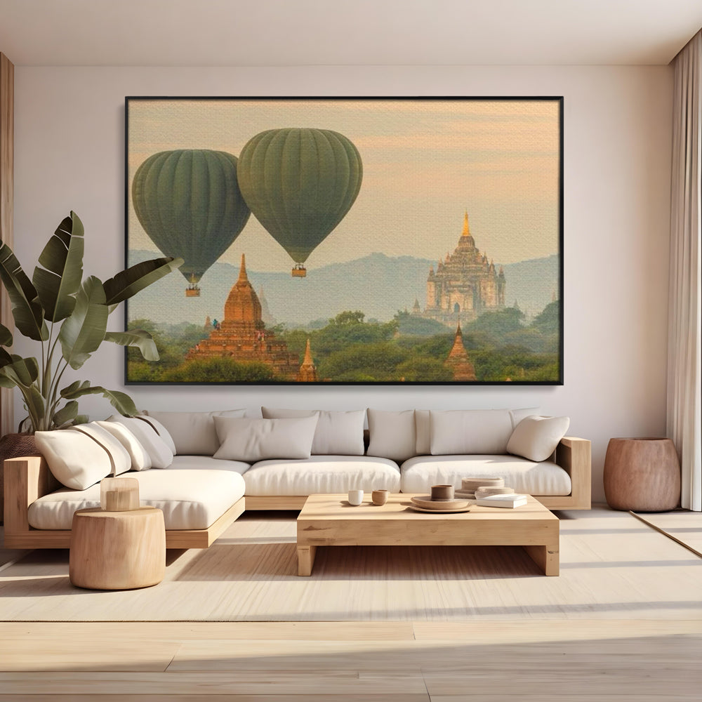 Tablou Canvas Premium LuxCanva® I105, Povestea Templelor, Balon, Templu, Calatorie, Natura, Bagan, Aventura, Zen, Magie, Myanmar, Istorie, Living, Dormitor