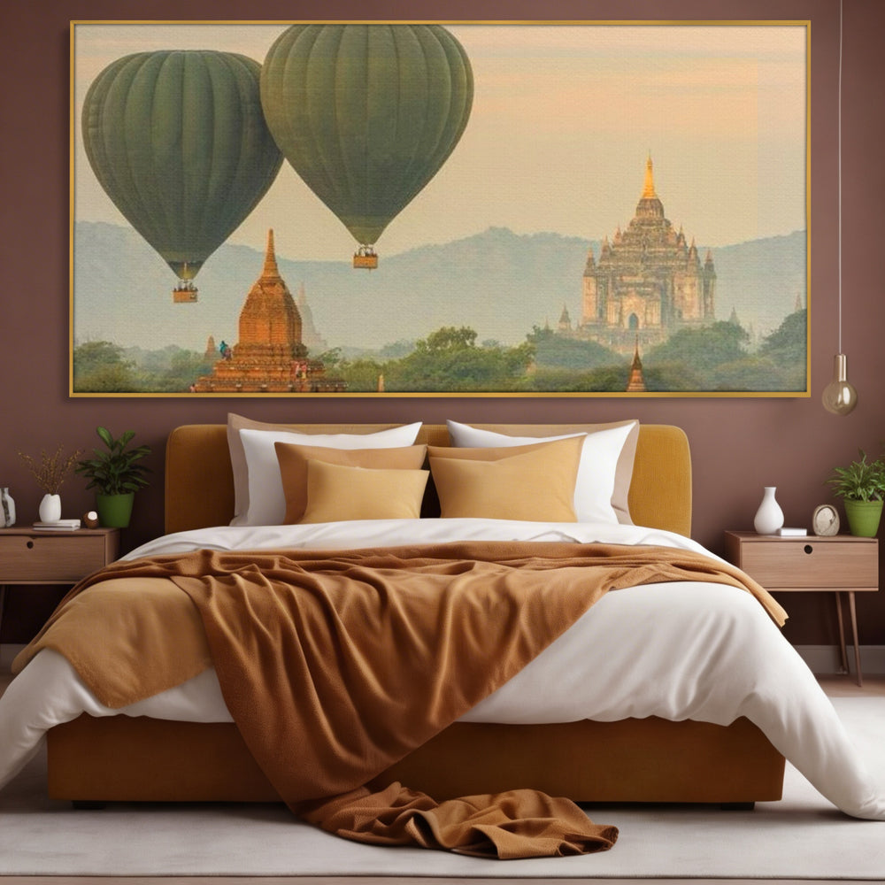 Tablou Canvas Premium LuxCanva® I105, Povestea Templelor, Balon, Templu, Calatorie, Natura, Bagan, Aventura, Zen, Magie, Myanmar, Istorie, Living, Dormitor