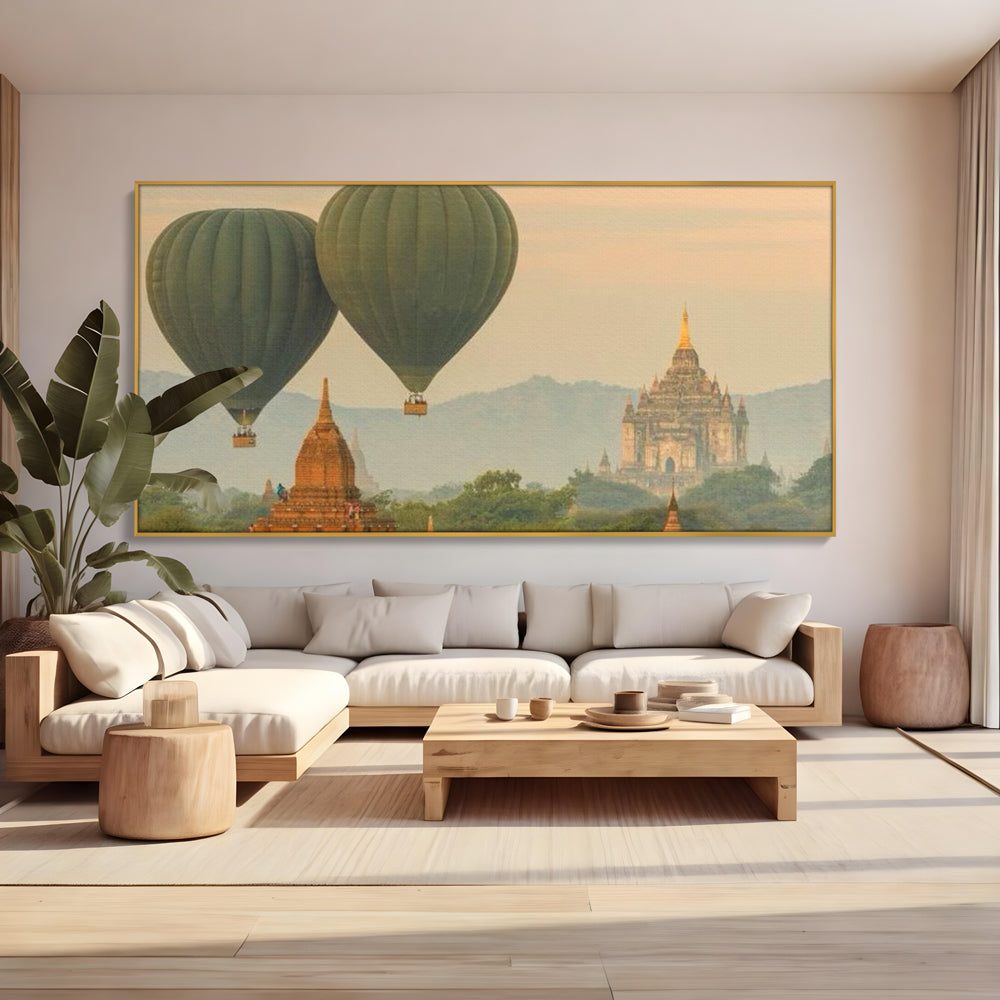 Tablou Canvas Premium LuxCanva® I105, Povestea Templelor, Balon, Templu, Calatorie, Natura, Bagan, Aventura, Zen, Magie, Myanmar, Istorie, Living, Dormitor