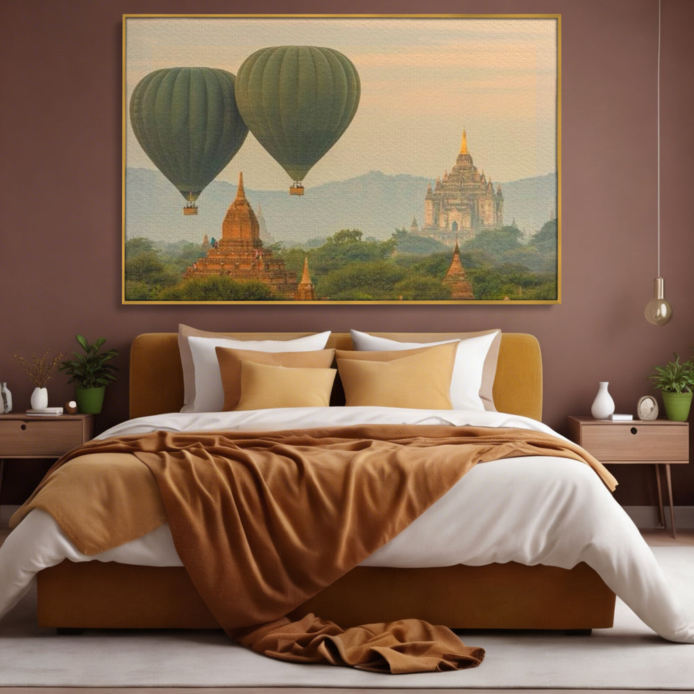 Tablou Canvas Premium LuxCanva® I105, Povestea Templelor, Balon, Templu, Calatorie, Natura, Bagan, Aventura, Zen, Magie, Myanmar, Istorie, Living, Dormitor