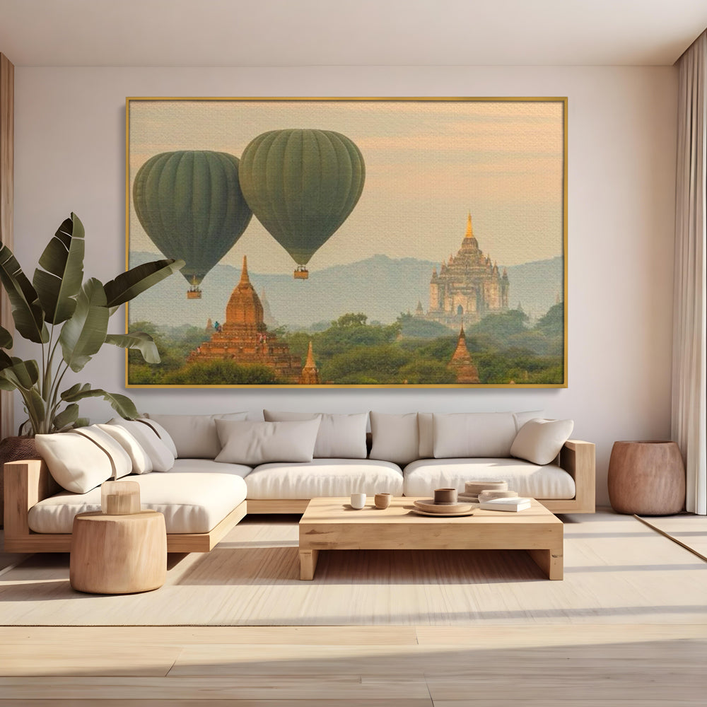 Tablou Canvas Premium LuxCanva® I105, Povestea Templelor, Balon, Templu, Calatorie, Natura, Bagan, Aventura, Zen, Magie, Myanmar, Istorie, Living, Dormitor