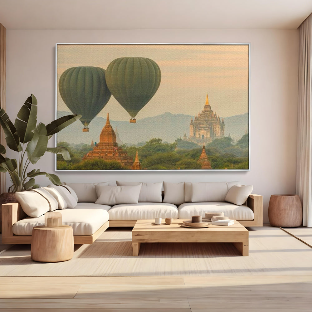 Tablou Canvas Premium LuxCanva® I105, Povestea Templelor, Balon, Templu, Calatorie, Natura, Bagan, Aventura, Zen, Magie, Myanmar, Istorie, Living, Dormitor