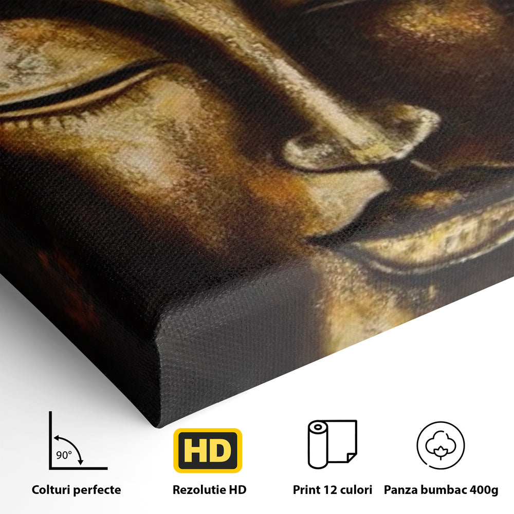 Tablou Canvas Premium LuxCanva® I111, Iluminare in Aur, Buddha, Meditatie, Zen, Armonie, Intelepciune, Liniste, Mantra, Urna, Spiritualitate, Relaxare
