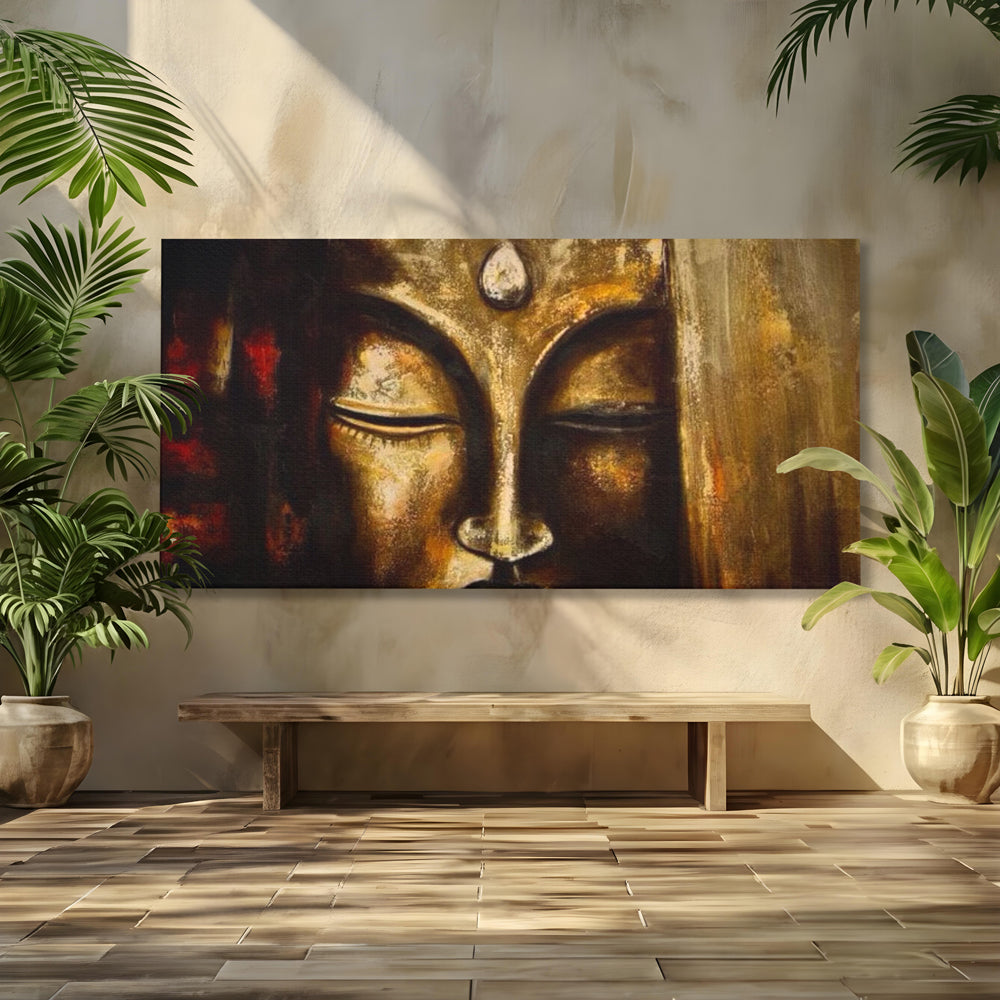 Tablou Canvas Premium LuxCanva® I111, Iluminare in Aur, Buddha, Meditatie, Zen, Armonie, Intelepciune, Liniste, Mantra, Urna, Spiritualitate, Relaxare