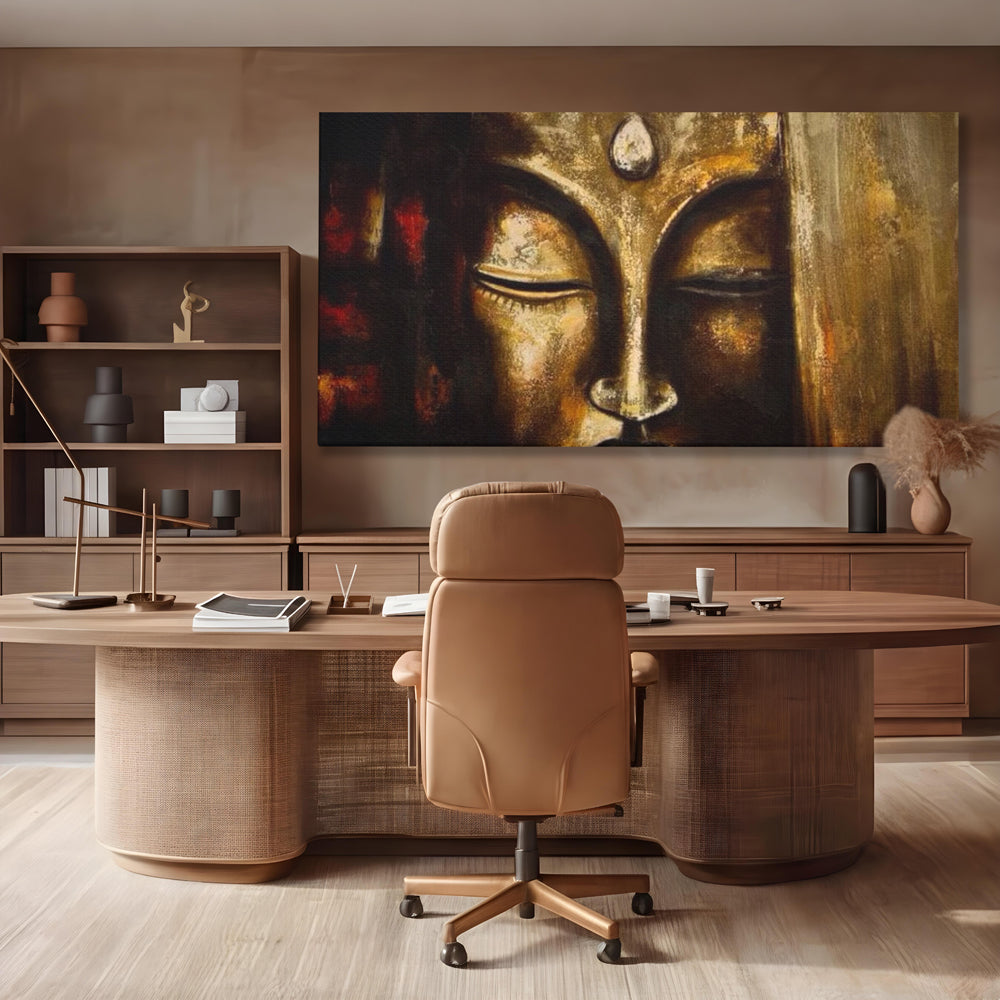 Tablou Canvas Premium LuxCanva® I111, Iluminare in Aur, Buddha, Meditatie, Zen, Armonie, Intelepciune, Liniste, Mantra, Urna, Spiritualitate, Relaxare