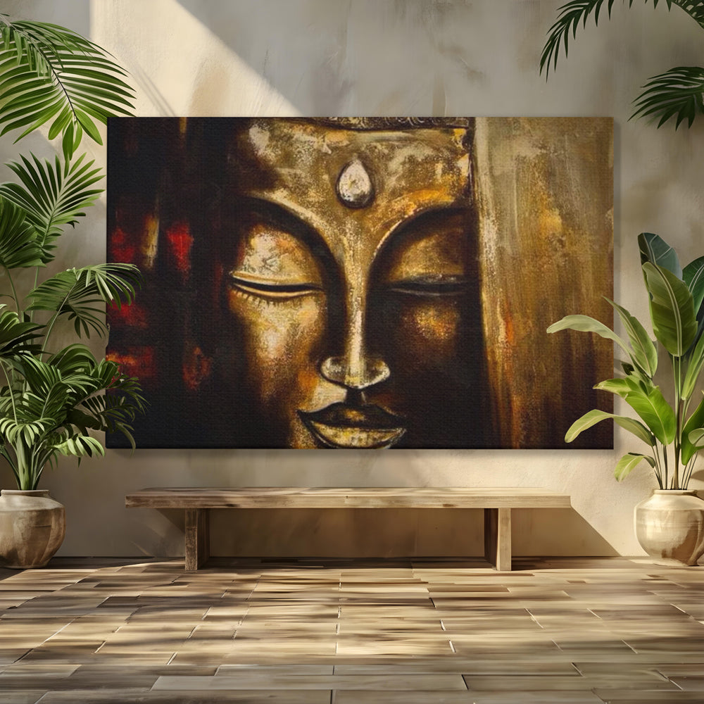 Tablou Canvas Premium LuxCanva® I111, Iluminare in Aur, Buddha, Meditatie, Zen, Armonie, Intelepciune, Liniste, Mantra, Urna, Spiritualitate, Relaxare