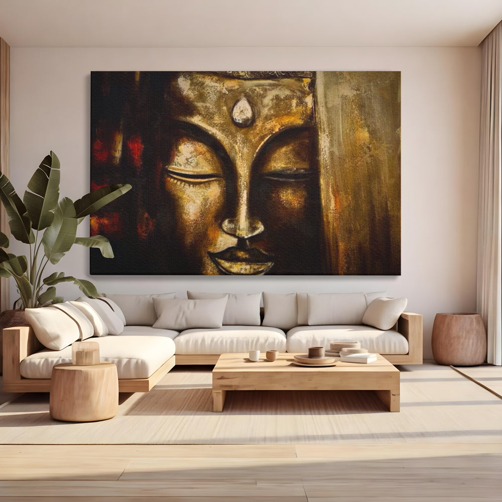 Tablou Canvas Premium LuxCanva® I111, Iluminare in Aur, Buddha, Meditatie, Zen, Armonie, Intelepciune, Liniste, Mantra, Urna, Spiritualitate, Relaxare