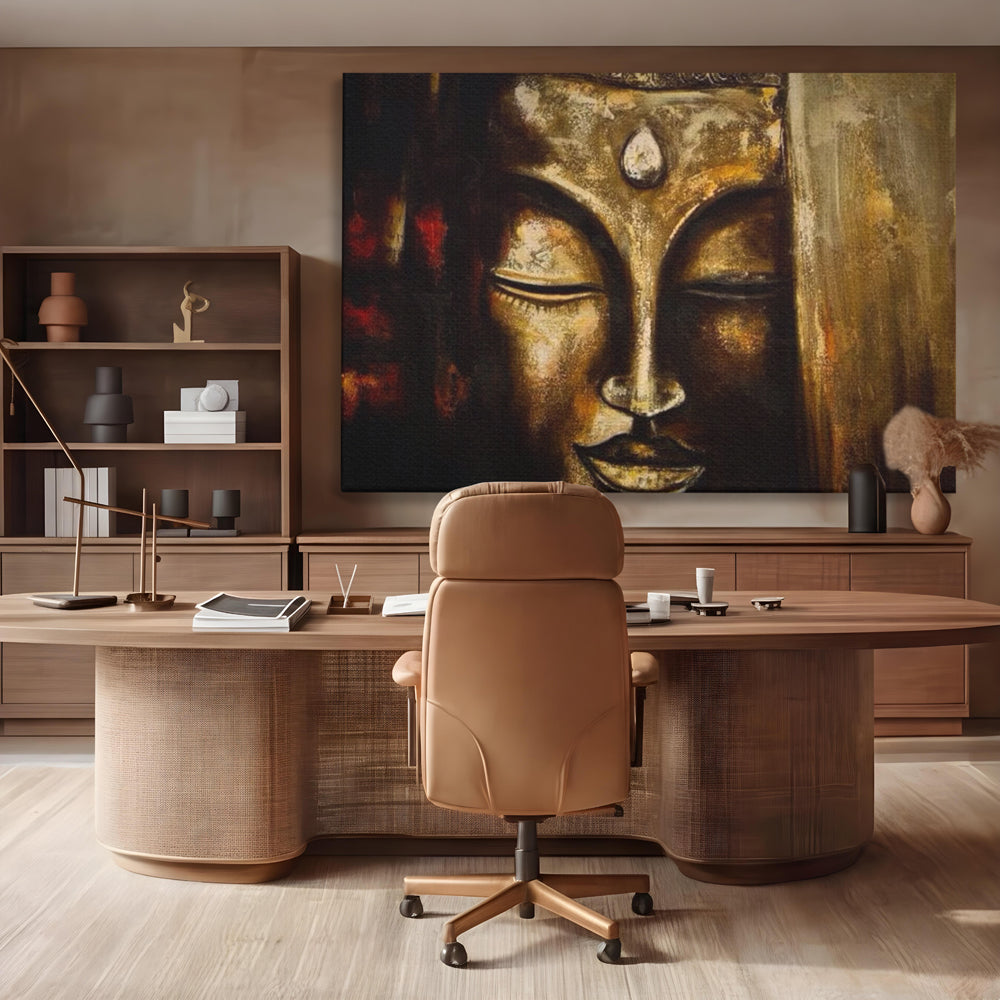 Tablou Canvas Premium LuxCanva® I111, Iluminare in Aur, Buddha, Meditatie, Zen, Armonie, Intelepciune, Liniste, Mantra, Urna, Spiritualitate, Relaxare