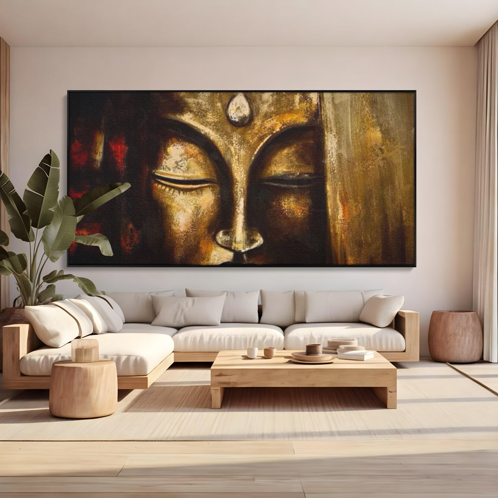Tablou Canvas Premium LuxCanva® I111, Iluminare in Aur, Buddha, Meditatie, Zen, Armonie, Intelepciune, Liniste, Mantra, Urna, Spiritualitate, Relaxare