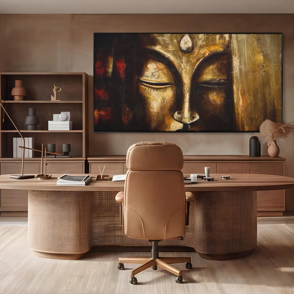 Tablou Canvas Premium LuxCanva® I111, Iluminare in Aur, Buddha, Meditatie, Zen, Armonie, Intelepciune, Liniste, Mantra, Urna, Spiritualitate, Relaxare