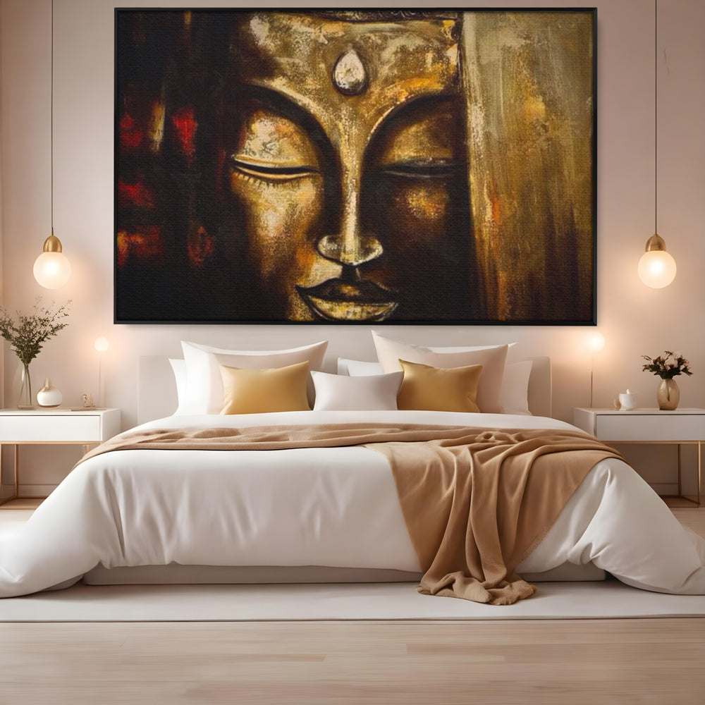 Tablou Canvas Premium LuxCanva® I111, Iluminare in Aur, Buddha, Meditatie, Zen, Armonie, Intelepciune, Liniste, Mantra, Urna, Spiritualitate, Relaxare