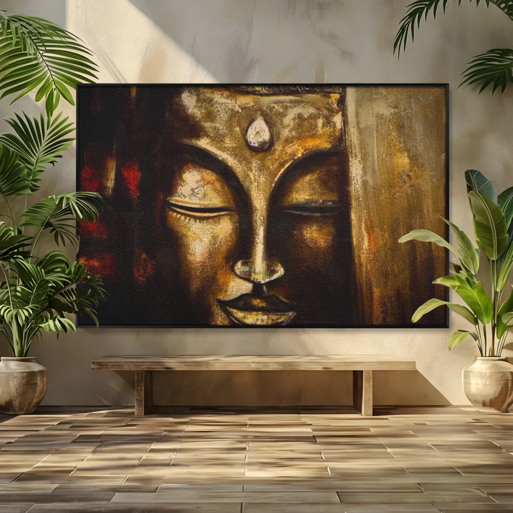 Tablou Canvas Premium LuxCanva® I111, Iluminare in Aur, Buddha, Meditatie, Zen, Armonie, Intelepciune, Liniste, Mantra, Urna, Spiritualitate, Relaxare