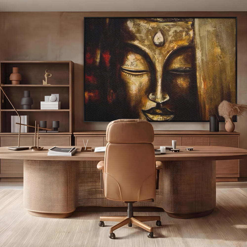 Tablou Canvas Premium LuxCanva® I111, Iluminare in Aur, Buddha, Meditatie, Zen, Armonie, Intelepciune, Liniste, Mantra, Urna, Spiritualitate, Relaxare