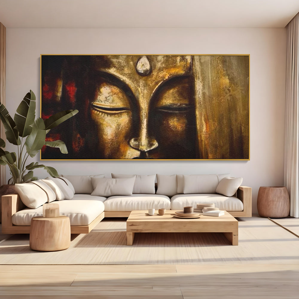 Tablou Canvas Premium LuxCanva® I111, Iluminare in Aur, Buddha, Meditatie, Zen, Armonie, Intelepciune, Liniste, Mantra, Urna, Spiritualitate, Relaxare