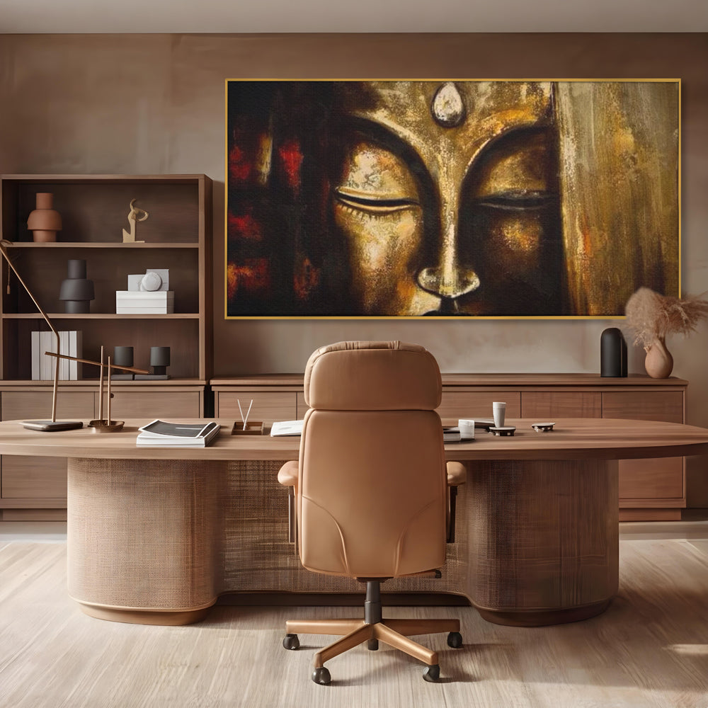 Tablou Canvas Premium LuxCanva® I111, Iluminare in Aur, Buddha, Meditatie, Zen, Armonie, Intelepciune, Liniste, Mantra, Urna, Spiritualitate, Relaxare