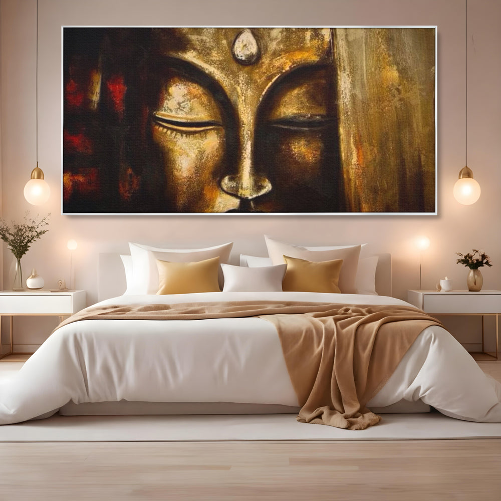 Tablou Canvas Premium LuxCanva® I111, Iluminare in Aur, Buddha, Meditatie, Zen, Armonie, Intelepciune, Liniste, Mantra, Urna, Spiritualitate, Relaxare