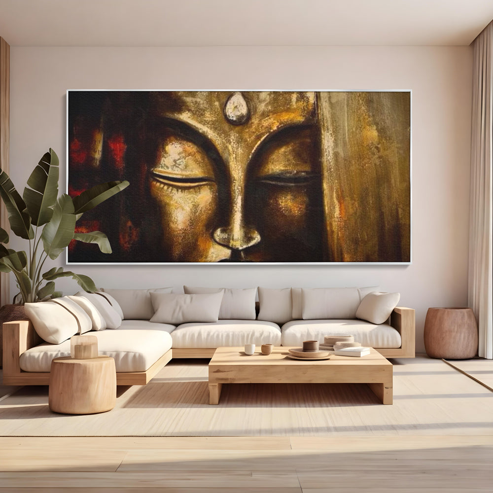 Tablou Canvas Premium LuxCanva® I111, Iluminare in Aur, Buddha, Meditatie, Zen, Armonie, Intelepciune, Liniste, Mantra, Urna, Spiritualitate, Relaxare