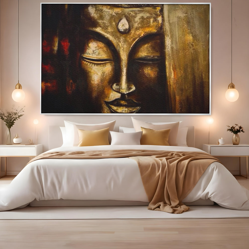 Tablou Canvas Premium LuxCanva® I111, Iluminare in Aur, Buddha, Meditatie, Zen, Armonie, Intelepciune, Liniste, Mantra, Urna, Spiritualitate, Relaxare