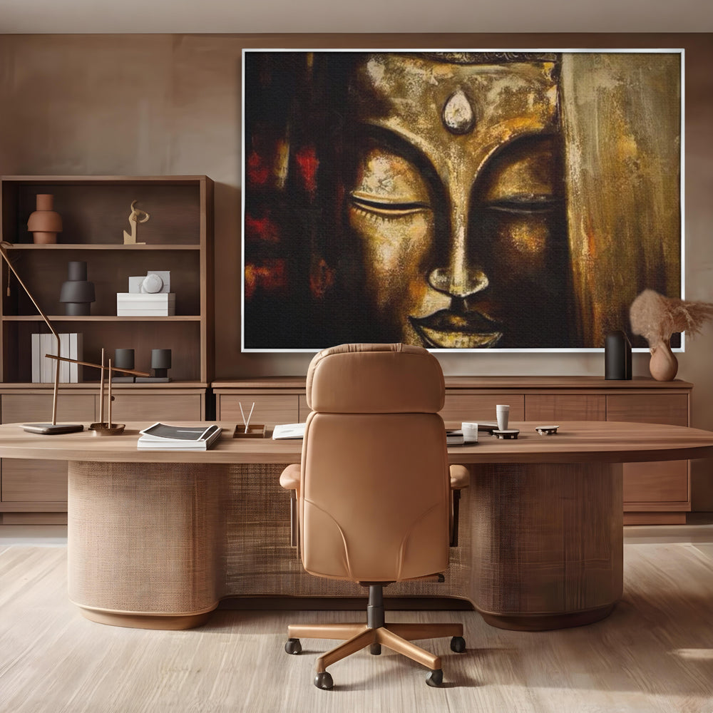 Tablou Canvas Premium LuxCanva® I111, Iluminare in Aur, Buddha, Meditatie, Zen, Armonie, Intelepciune, Liniste, Mantra, Urna, Spiritualitate, Relaxare
