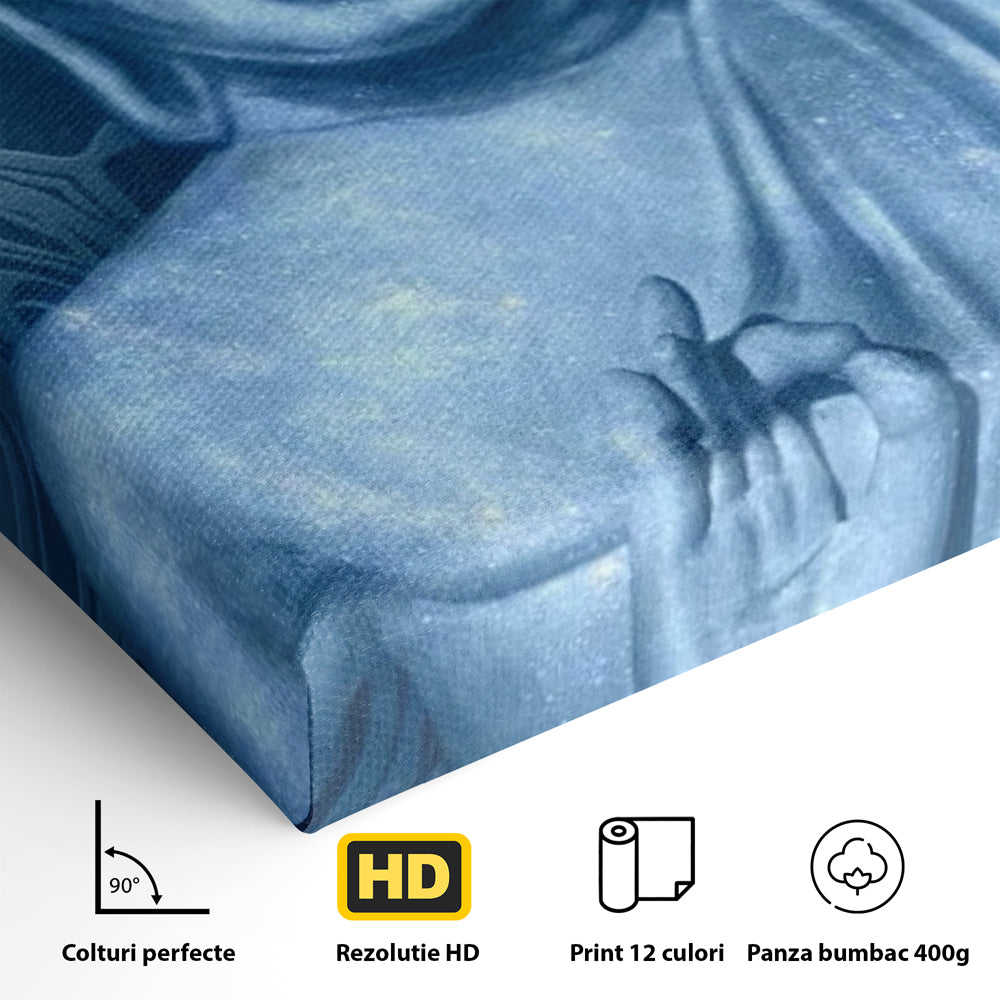Tablou Canvas Premium LuxCanva® I112, Buddha de Safir, Meditatie, Iluminare, Zen, Pace Interioara, Spiritualitate, Armonie, Relaxare, Albastru, Urna