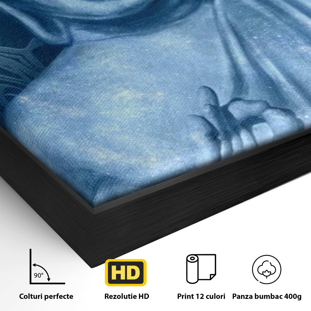Tablou Canvas Premium LuxCanva® I112, Buddha de Safir, Meditatie, Iluminare, Zen, Pace Interioara, Spiritualitate, Armonie, Relaxare, Albastru, Urna