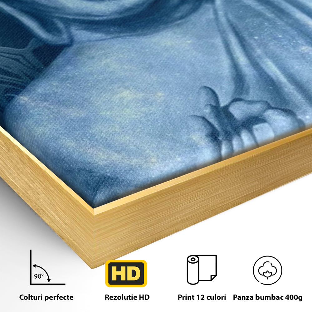 Tablou Canvas Premium LuxCanva® I112, Buddha de Safir, Meditatie, Iluminare, Zen, Pace Interioara, Spiritualitate, Armonie, Relaxare, Albastru, Urna