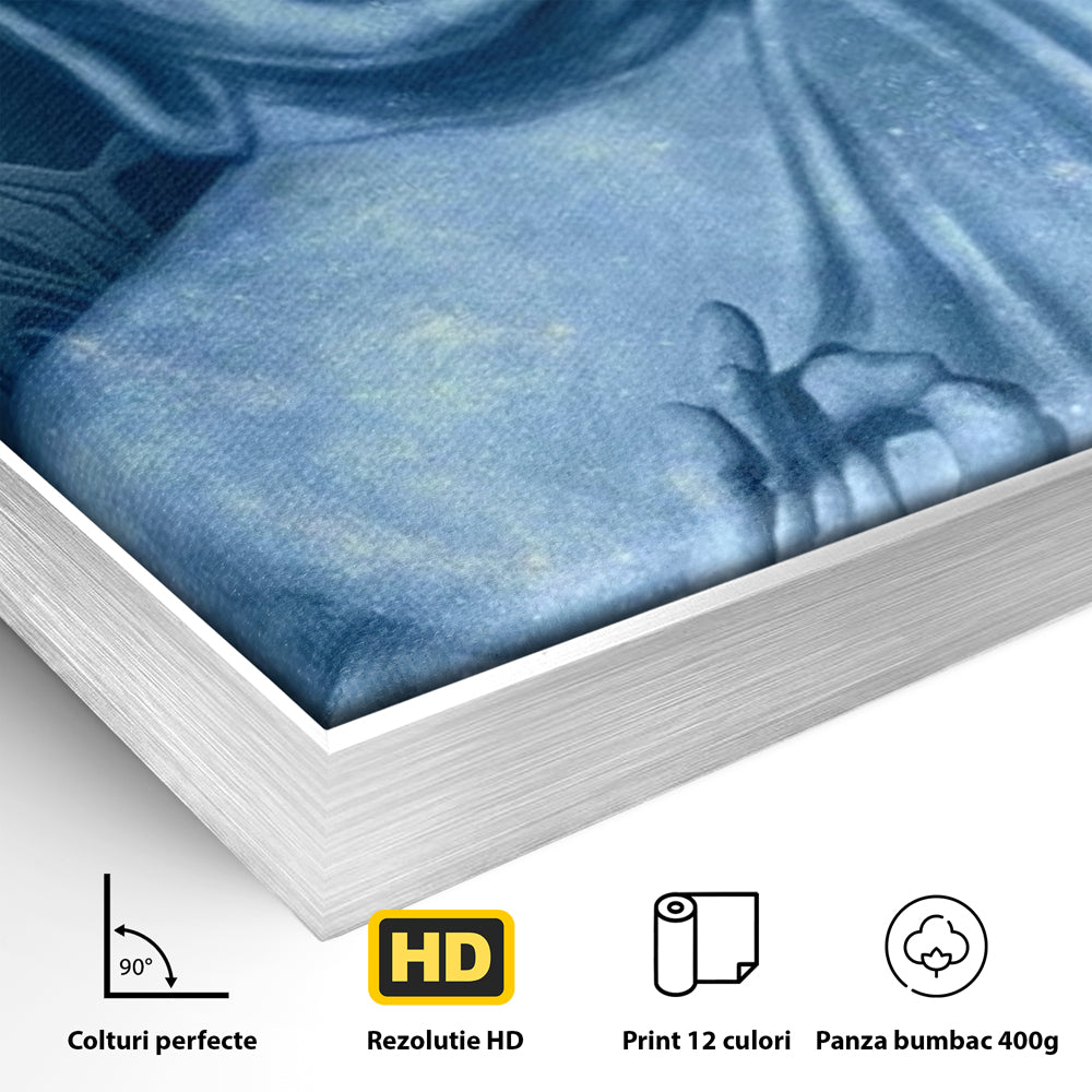 Tablou Canvas Premium LuxCanva® I112, Buddha de Safir, Meditatie, Iluminare, Zen, Pace Interioara, Spiritualitate, Armonie, Relaxare, Albastru, Urna