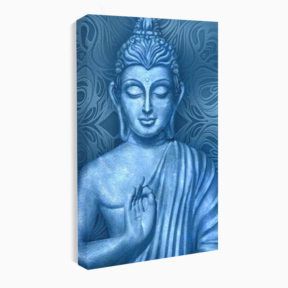 Tablou Canvas Premium LuxCanva® I112, Buddha de Safir, Meditatie, Iluminare, Zen, Pace Interioara, Spiritualitate, Armonie, Relaxare, Albastru, Urna