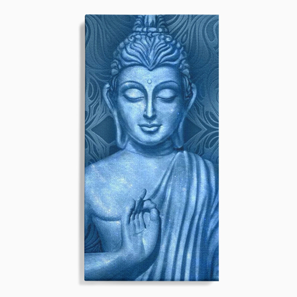 Tablou Canvas Premium LuxCanva® I112, Buddha de Safir, Meditatie, Iluminare, Zen, Pace Interioara, Spiritualitate, Armonie, Relaxare, Albastru, Urna