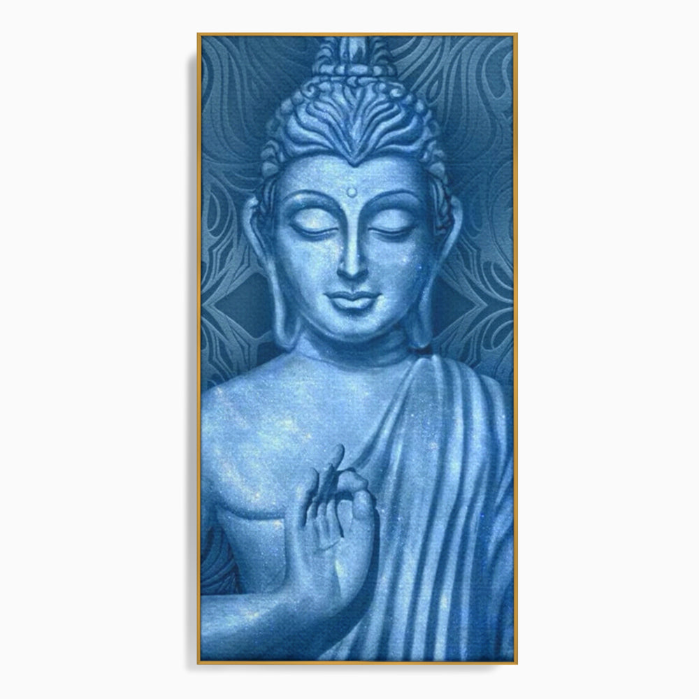 Tablou Canvas Premium LuxCanva® I112, Buddha de Safir, Meditatie, Iluminare, Zen, Pace Interioara, Spiritualitate, Armonie, Relaxare, Albastru, Urna