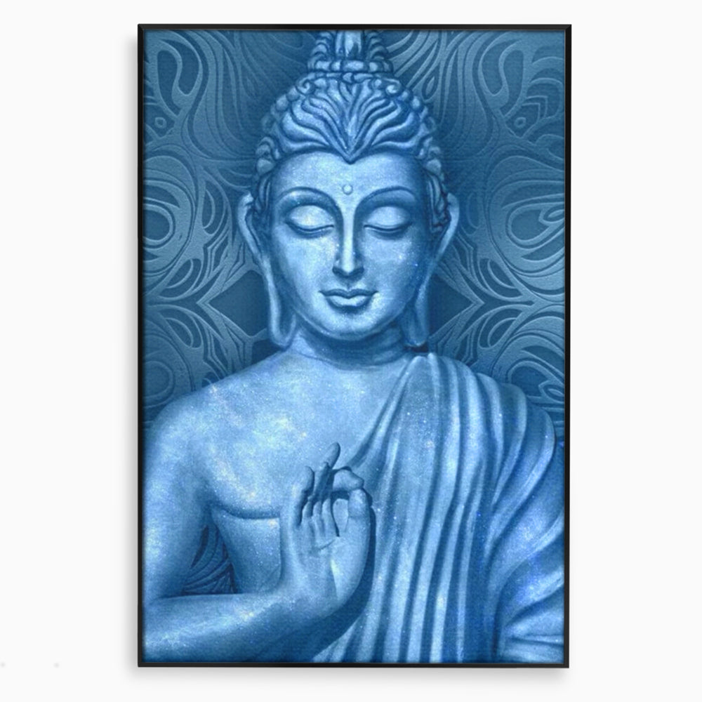 Tablou Canvas Premium LuxCanva® I112, Buddha de Safir, Meditatie, Iluminare, Zen, Pace Interioara, Spiritualitate, Armonie, Relaxare, Albastru, Urna