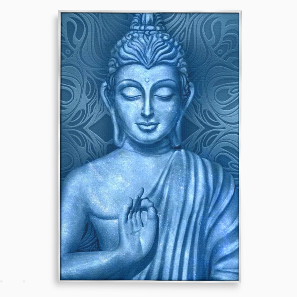 Tablou Canvas Premium LuxCanva® I112, Buddha de Safir, Meditatie, Iluminare, Zen, Pace Interioara, Spiritualitate, Armonie, Relaxare, Albastru, Urna
