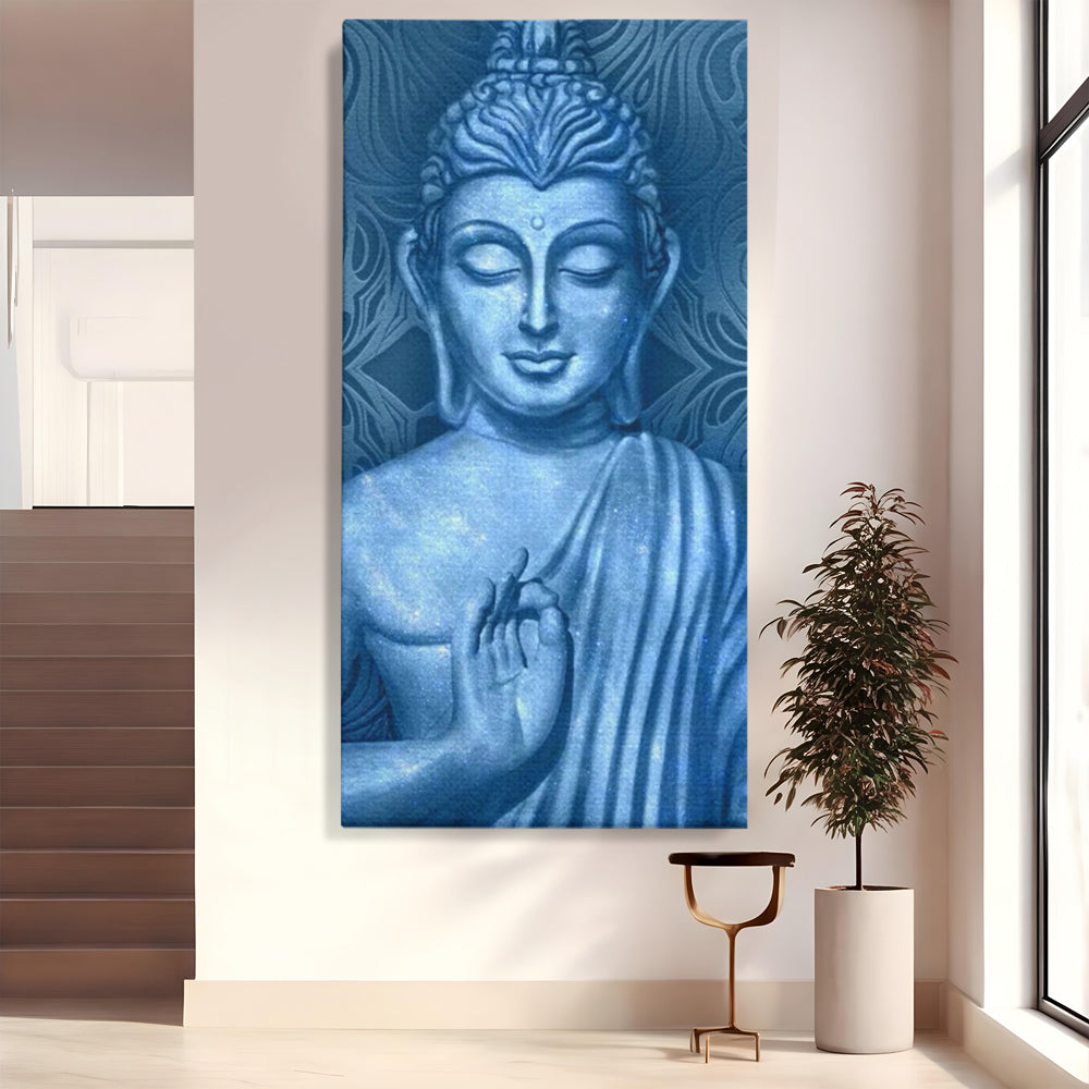 Tablou Canvas Premium LuxCanva® I112, Buddha de Safir, Meditatie, Iluminare, Zen, Pace Interioara, Spiritualitate, Armonie, Relaxare, Albastru, Urna