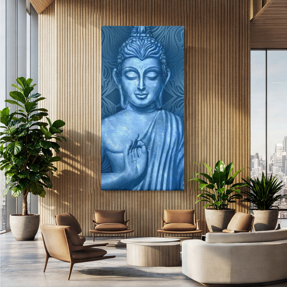 Tablou Canvas Premium LuxCanva® I112, Buddha de Safir, Meditatie, Iluminare, Zen, Pace Interioara, Spiritualitate, Armonie, Relaxare, Albastru, Urna