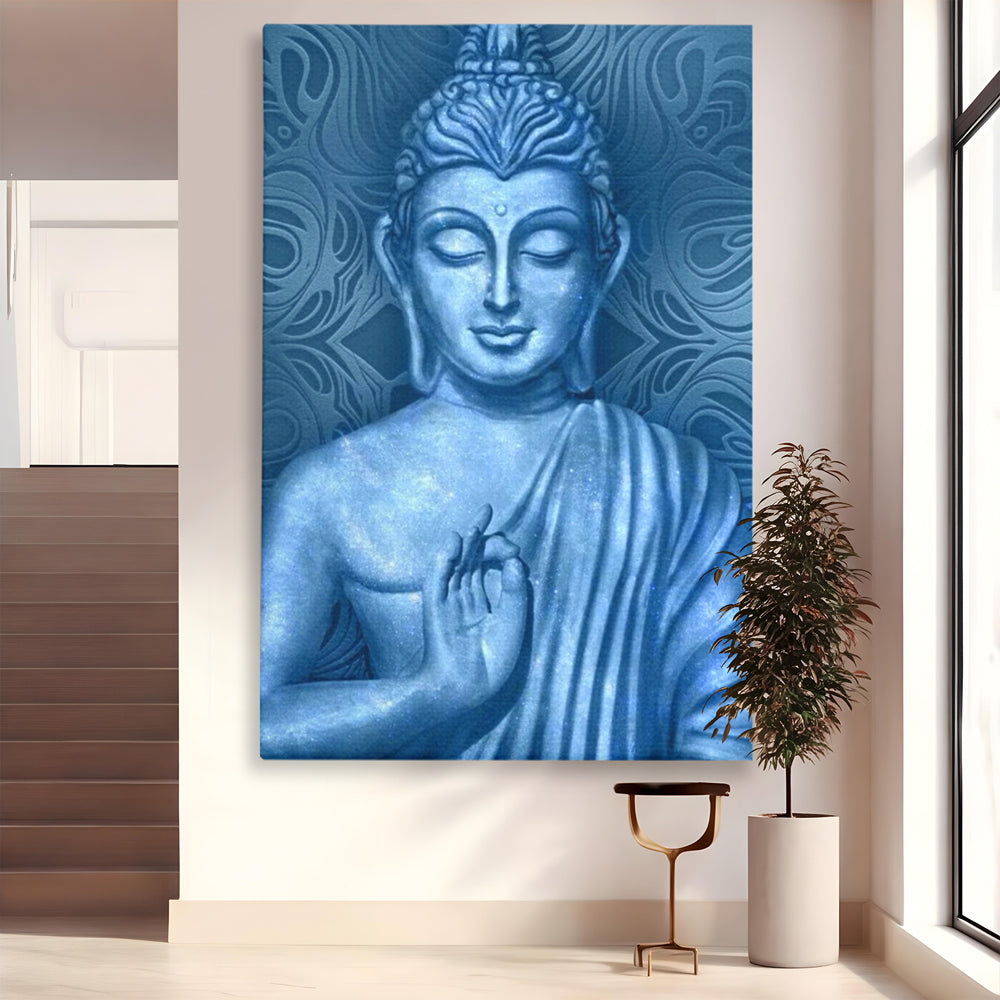 Tablou Canvas Premium LuxCanva® I112, Buddha de Safir, Meditatie, Iluminare, Zen, Pace Interioara, Spiritualitate, Armonie, Relaxare, Albastru, Urna